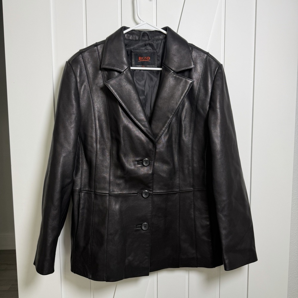 BGSD Women's Crystal Lambskin Leather Blazer Jacket Size XL Petite Black Grunge